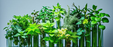 Vibrant green plants in glass tubes, a lush display of nature's beauty. Perfect for adding a touch of life to any space.の素材