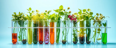 Assorted plants in test tubes, colorful liquids. Botanical research or scientific experiment.の素材
