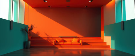 Modern minimalist living room with orange walls, teal accents, and a vibrant orange sofa. Sunlight streams through a large window, casting dramatic shadows.の素材