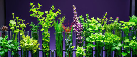 Assortment of plants in test tubes against a purple background. A vibrant display of greenery in a scientific setting.の素材