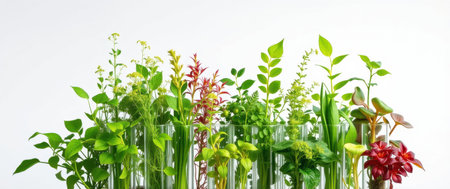 Assortment of vibrant plants in glass tubes against a white background. A display of diverse greenery, perfect for botanical or scientific contexts.の素材
