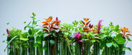 Vibrant plants in test tubes, a colorful display of nature's beauty. Perfect for scientific, botanical, or environmental themes.の素材