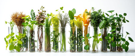 Assortment of plants in glass tubes, showcasing vibrant greens and yellows against a white background. Perfect for botanical, scientific, or nature themes.の素材