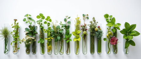 Assorted plants in test tubes, a botanical study. Perfect for science, nature, or health-related projects.の素材