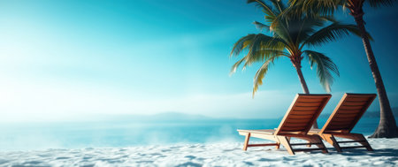 Relaxing beach scene with two lounge chairs under palm trees, overlooking a calm ocean.の素材