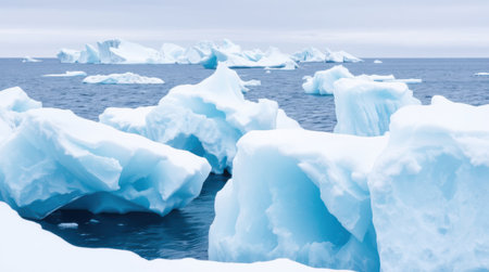 Stunning icy landscape. Glacial icebergs float in a vast, cold ocean. A breathtaking view of nature's power and beauty.の素材