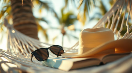 Relaxing in a hammock on a sunny day with a book and sunglasses. Perfect summer getaway.の素材