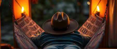 Relaxing in a hammock at dusk, illuminated by warm light. A peaceful evening scene.の素材