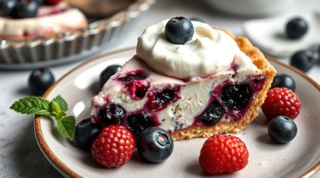 Creamy berry cheesecake slice with fresh raspberries and blueberries. Delicious dessert topped with whipped cream.の素材