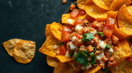 Crispy nachos with savory meat and fresh tomato salsa. A delicious and satisfying snack or appetizer.の素材