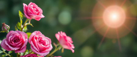 Pink roses bathed in sunlight, a symbol of beauty and romance. Perfect for greeting cards, invitations, or any project needing a touch of elegance.の素材