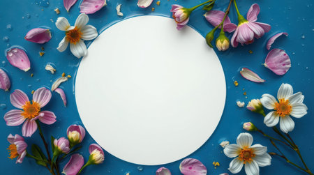 Floral arrangement surrounding a blank circle on a blue background. Perfect for invitations or announcements.の素材