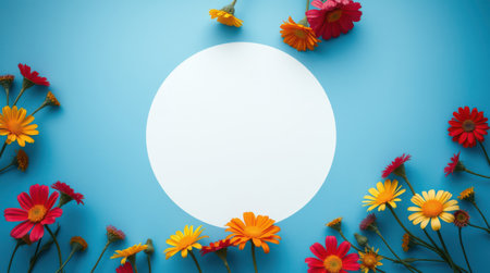 Colorful flowers arranged around a white circle on a blue background. A vibrant and cheerful image, perfect for spring or summer themes.の素材