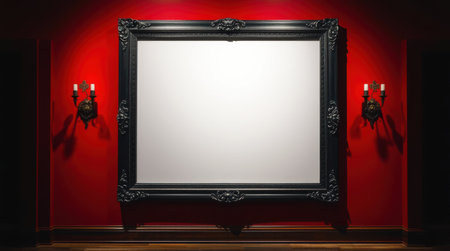 Large ornate frame on a red wall, perfect for showcasing your artwork or design. The elegant setting creates a sophisticated backdrop.の素材