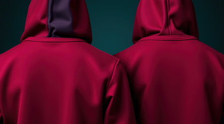 Two individuals in crimson hoodies stand back-to-back against a teal backdrop. A minimalist and mysterious image.の素材