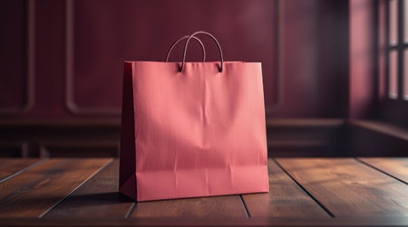 A coral-colored shopping bag sits on a dark wooden table, ready for its contents.の素材
