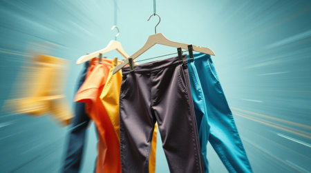 Colorful pants hanging on a rack against a teal background. A dynamic, motion-blurred effect adds energy to the image.の素材