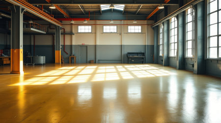 Sunlit industrial warehouse interior. Spacious, high-ceilinged room with large windows and polished floors. Perfect for various uses.の素材