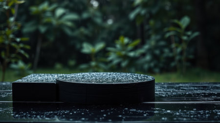 Rain drops on dark, cylindrical objects outdoors. A tranquil, minimalist scene.の素材