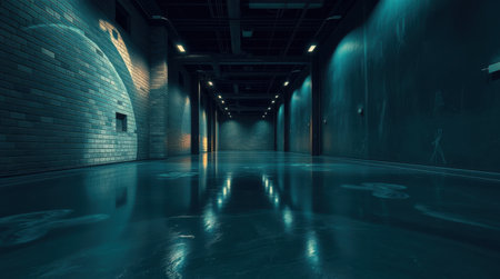 Dark, reflective hallway with textured walls. Moody atmosphere, ideal for mystery or suspense themes. Clean lines and dramatic lighting.の素材