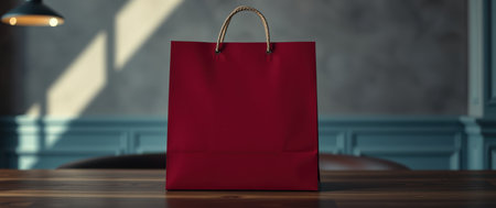 Crimson shopping bag on a wooden table, stylish and minimalist setting. Perfect for branding or product placement.の素材