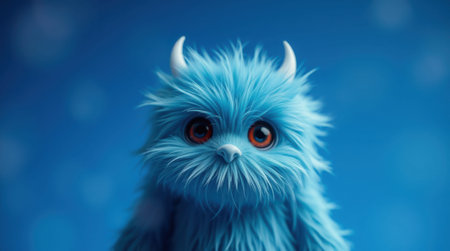 Adorable blue furry creature with small horns. Perfect for children's books, animation, or whimsical designs. Soft, fluffy texture.の素材