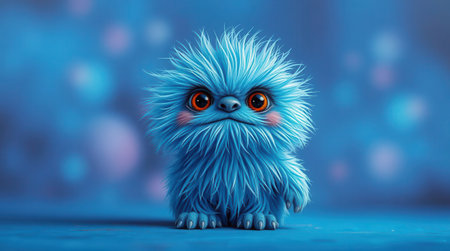 Adorable blue fluffy creature, digital art. Big eyes and playful expression. Perfect for children's books, websites, or apps.の素材