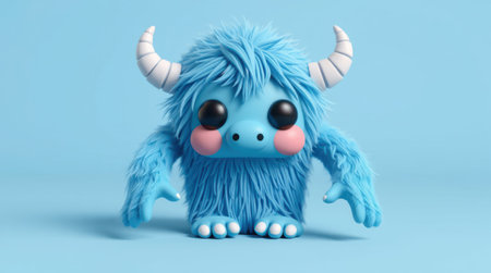 Adorable blue furry monster with horns, standing on a light blue background. Perfect for children's books, animation, or playful designs.の素材