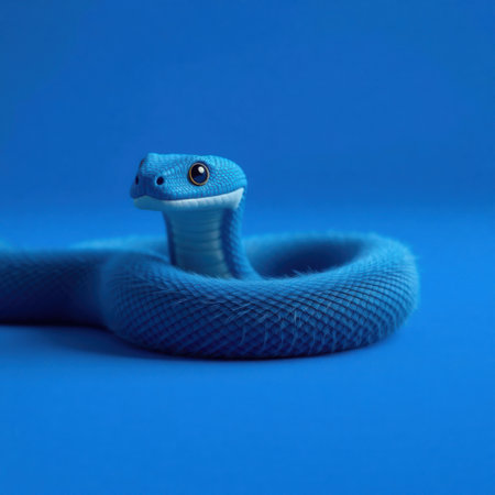 A vibrant blue snake, coiled on a matching blue background, gazes directly at the viewer. Its scales shimmer, creating a captivating image.の素材