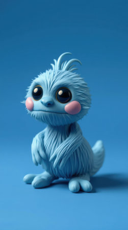 Adorable fluffy blue creature against a bright blue background. Perfect for children's products, websites, or apps.の素材