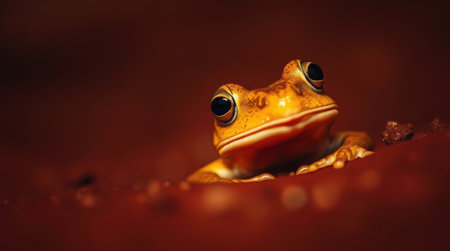 Close-up of a vibrant orange frog peering from a dark, earthy surface. Its striking eyes and unique texture are beautifully highlighted.の素材