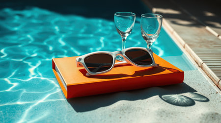 Relaxing poolside scene with sunglasses, a book, and two glasses. Perfect summer vibes!の素材