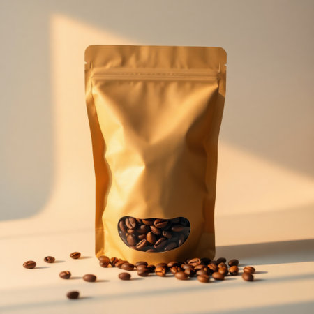 Coffee beans in a bag on a white background with shadows.の素材