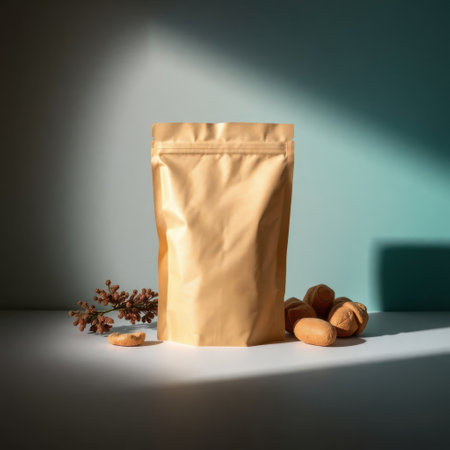 Gold stand-up pouch with snacks. Perfect for branding and packaging design. Minimalist product photography.の素材