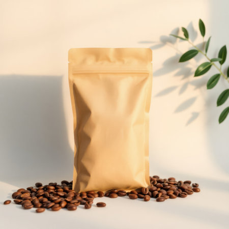 coffee beans in a paper bag on a white background with shadowの素材