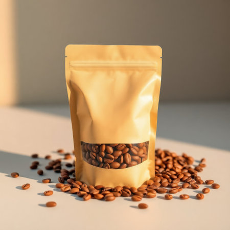 Coffee beans in a package on a white background. Selective focus.の素材