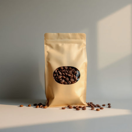 Coffee beans in a brown paper bag on a white backgroundの素材