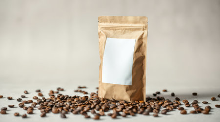 Coffee beans with a blank paper bag on a light backgroundの素材