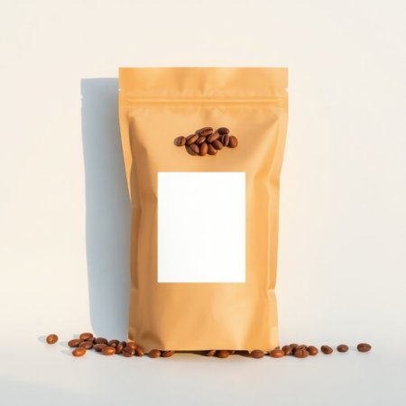 Coffee beans in a paper bag on a white background.の素材