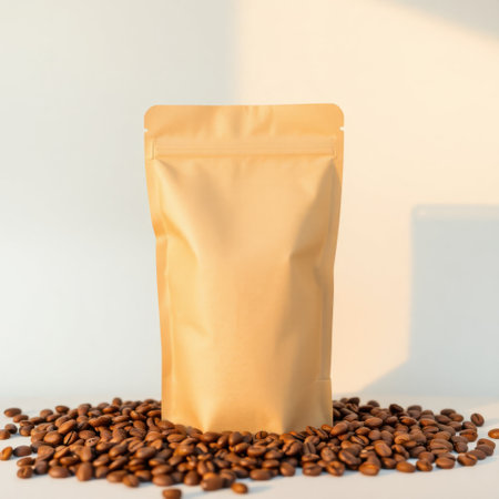 Coffee beans in a paper bag on a white background.の素材
