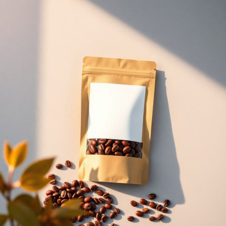Coffee beans in a plastic bag on a light background. 3d renderingの素材