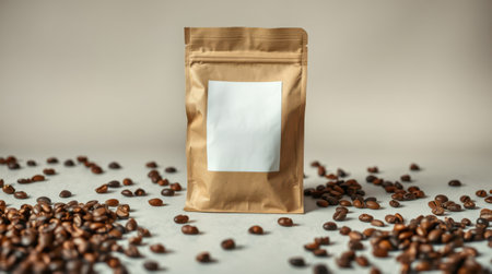 Coffee beans in a brown package on a light background. Copy space.の素材