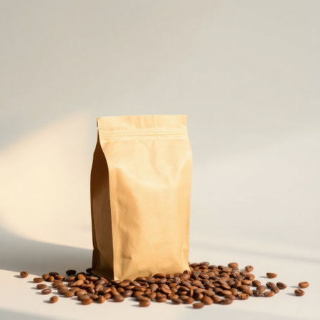 Coffee beans in a brown paper bag on a white backgroundの素材