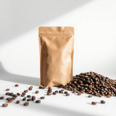 coffee beans in a paper bag on a white background with shadowの素材