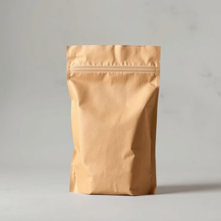 Brown stand-up pouch with zipper. Perfect for packaging food, coffee, or other products. Clean, simple design.の素材