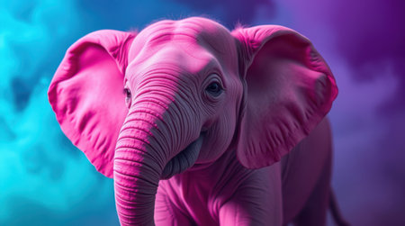 Pink elephant calf portrait against a vibrant purple and teal backdrop. A whimsical and colorful image.の素材