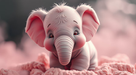 Adorable baby elephant sitting on a pink fluffy surface. Its big ears and sweet expression make it irresistibly cute!の素材