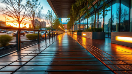 Sunset view along a modern city walkway, illuminated at dusk. Warm light reflects on the wet wooden deck.の素材