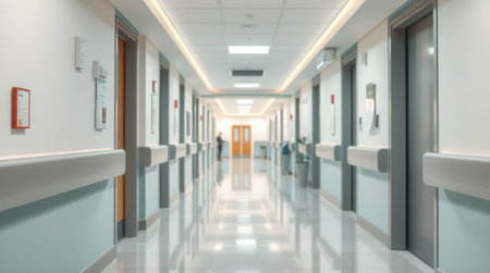 Long hospital corridor with clean, modern design. Bright lighting and smooth floors create a calm atmosphere.の素材