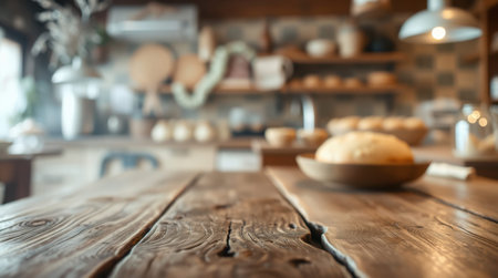 Rustic wooden table in a bakery setting, showcasing freshly baked bread in the blurred background. Perfect for food photography or product display.の素材